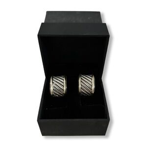 David Yurman Silver and Black Hoop Earrings with Ribbed Pattern